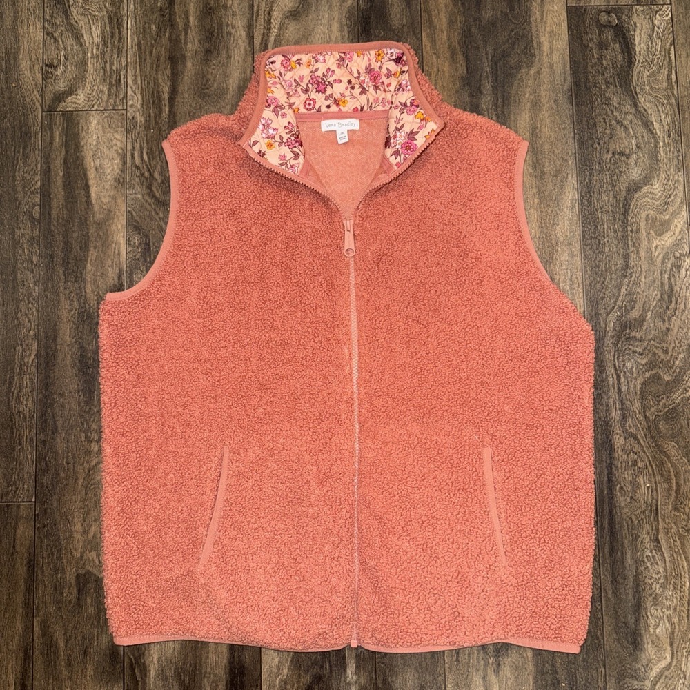Vera Bradley Vest Women's L XL‎ Orange Fleece Sherpa Floral  Full Zip Sleeveless